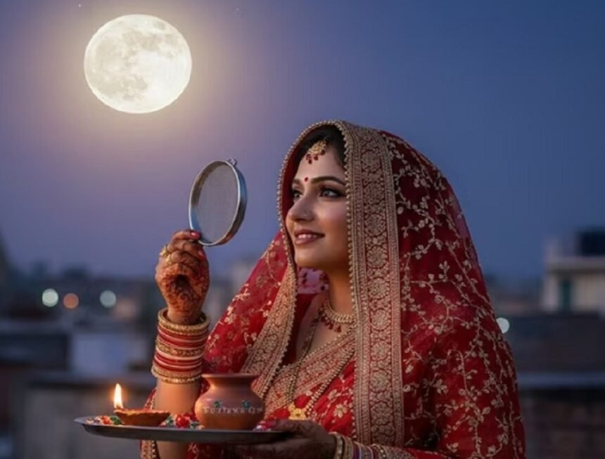 करवा चौथ 2025 पूजा की सामग्री और शुभ मुहूर्त के साथ सुहागिन महिलाएं चंद्रमा को अर्घ्य देती हुई।