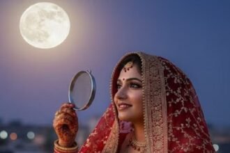 करवा चौथ 2025 पूजा की सामग्री और शुभ मुहूर्त के साथ सुहागिन महिलाएं चंद्रमा को अर्घ्य देती हुई।