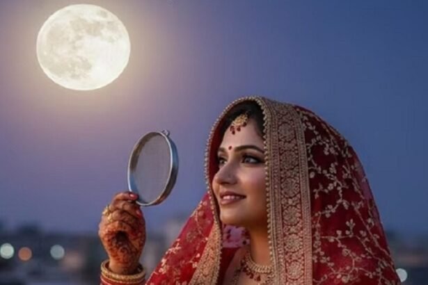 करवा चौथ 2025 पूजा की सामग्री और शुभ मुहूर्त के साथ सुहागिन महिलाएं चंद्रमा को अर्घ्य देती हुई।