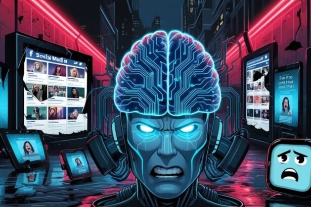 कंप्यूटर स्क्रीन पर AI और डिजिटल डेटा के बीच संघर्ष को दर्शाती छवि, जिसमें 'ब्रेन रॉट' का प्रभाव दिखाया गया है।