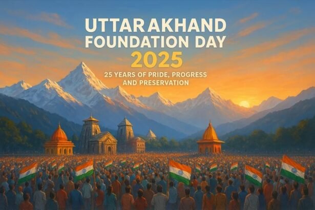 प्रधानमंत्री नरेंद्र मोदी उत्तराखंड स्थापना दिवस 2025 पर राज्यवासियों को शुभकामना संदेश देते हुए। पृष्ठभूमि में हिमालय और देवभूमि के प्राकृतिक दृश्य।