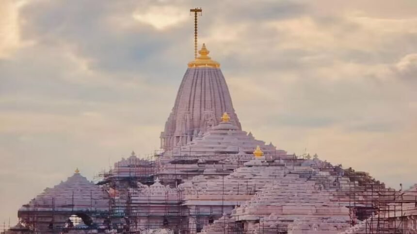 अयोध्या के श्रीराम मंदिर में ध्वजारोहण के लिए तैयार किए गए ध्वज का परीक्षण करते अधिकारी, प्रधानमंत्री नरेंद्र मोदी के आगमन से पहले अंतिम तैयारी।