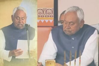 नीतीश कुमार दसवीं बार बिहार के मुख्यमंत्री के रूप में शपथ लेते हुए, नई कैबिनेट के 16 मंत्रियों के साथ।