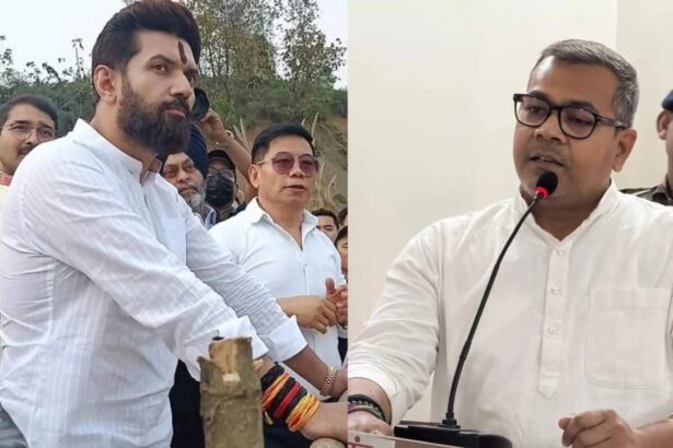 चिराग पासवान और अरुण भारती बिहार में जनसभा में अपने समर्थकों को संबोधित करते हुए।