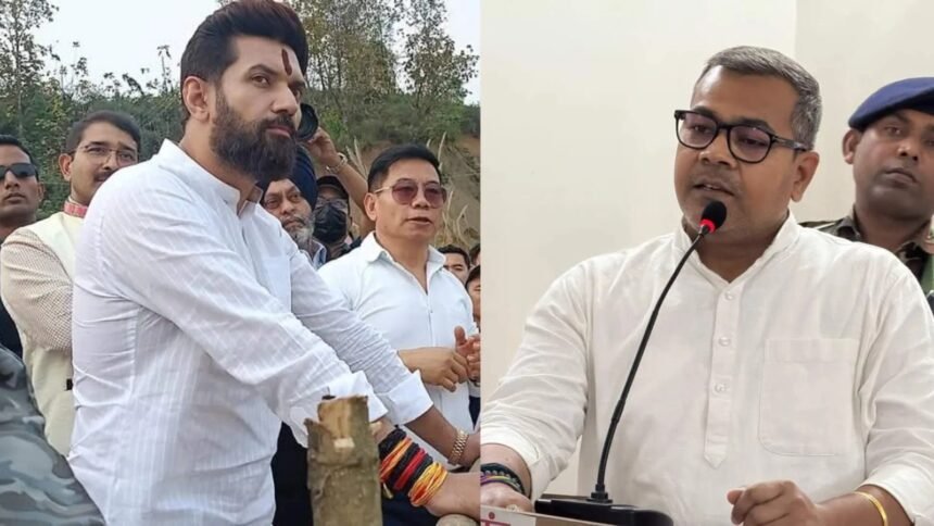 चिराग पासवान और अरुण भारती बिहार में जनसभा में अपने समर्थकों को संबोधित करते हुए।