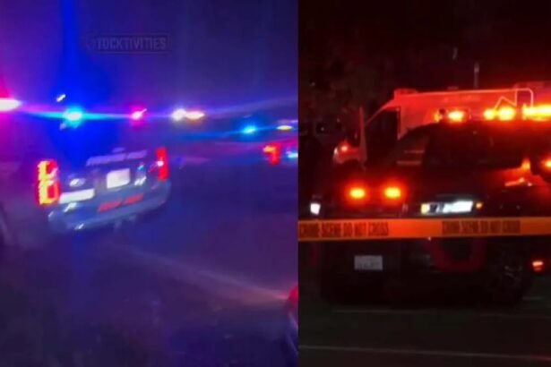 स्टॉकटन, कैलिफ़ोर्निया के एक बैंक्वेट हॉल के बाहर पुलिस और एंबुलेंस लगी हुई हैं, जहाँ गोलीबारी में 4 लोगों की मौत और 10 घायल हुए।