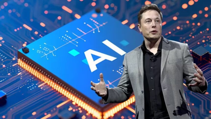 एलन मस्क इंटरव्यू में बैठकर बात करते हुए, पीछे टेबल पर नोटबुक और लैपटॉप रखे हुए, उनका परिवार और भविष्य की तकनीक पर विचार साझा करते हुए।