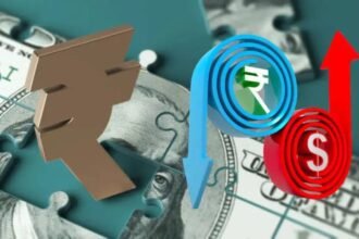 डॉलर के मुकाबले 89.79 तक गिरते भारतीय रुपये का ग्राफ और गिरावट दर्शाता आर्थिक चार्ट।