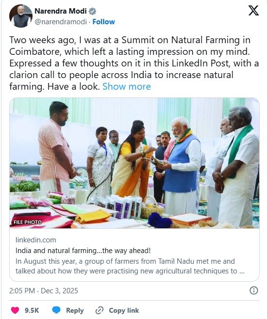 प्राकृतिक खेती पर लिंक्डइन पोस्ट साझा करते हुए प्रधानमंत्री नरेंद्र मोदी की प्रतिनिधिक तस्वीर