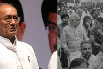 1990 के दशक की तस्वीर में युवा नरेंद्र मोदी वरिष्ठ भाजपा नेता लालकृष्ण आडवाणी के पास जमीन पर बैठे नजर आते हुए