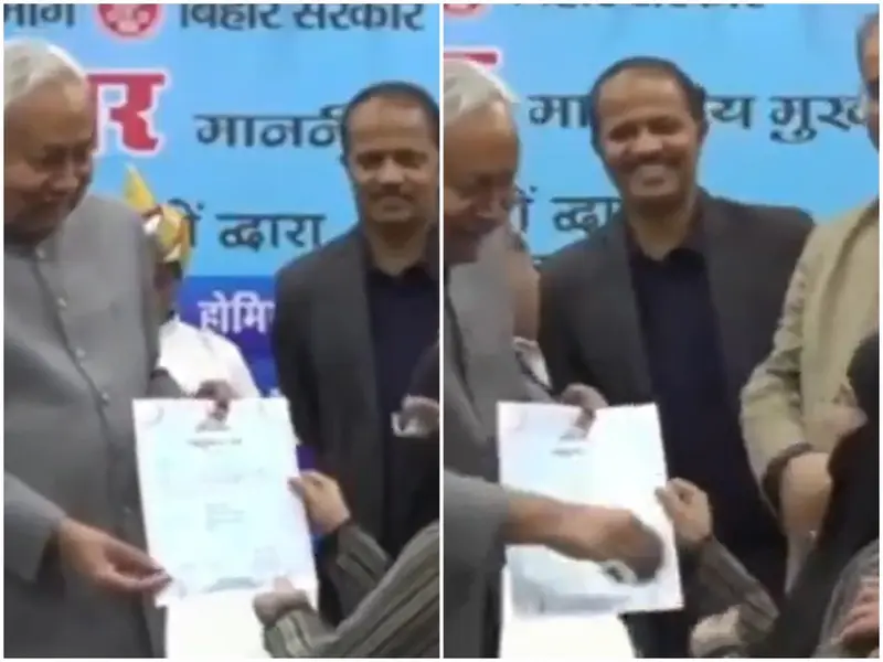 पटना में आयुष चिकित्सकों के कार्यक्रम के दौरान मुख्यमंत्री नीतीश कुमार और महिला डॉक्टर नुसरत परवीन की मंच पर मौजूदगी की एक फाइल फोटो।