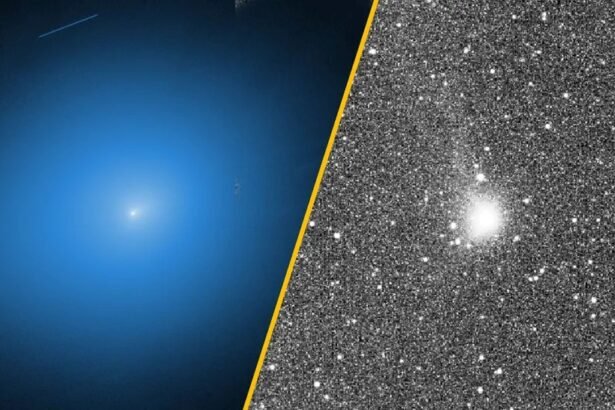 नासा और ईएसए द्वारा कैद की गई अंतरतारकीय कॉमेट 3I/ATLAS की चमकती हुई तस्वीर, जिसमें सूर्य के पास के फ्लाइबाई के बाद गैस और धूल उत्सर्जित हो रही है।
