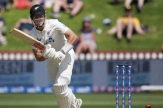 वेलिंग्टन टेस्ट मैच में न्यूज़ीलैंड के डेब्यू खिलाड़ी मिच हाइ अर्धशतक लगाने के दौरान शॉट खेलते हुए।