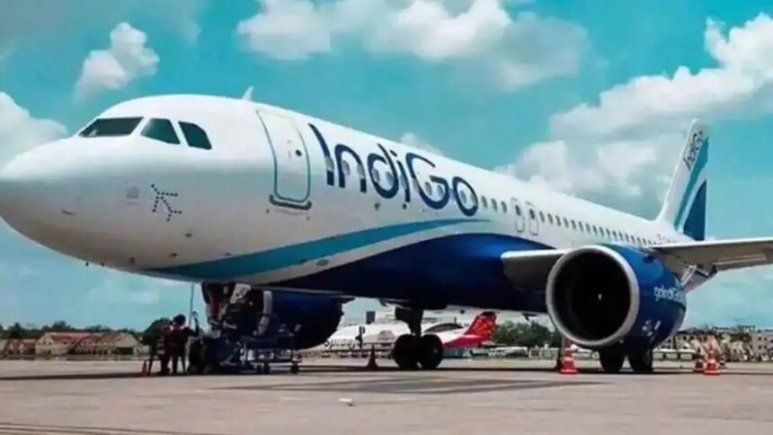 इंडिगो (InterGlobe Aviation) का विमान रखरखाव दल के साथ और पीछे दिल्ली हाई कोर्ट की इमारत।