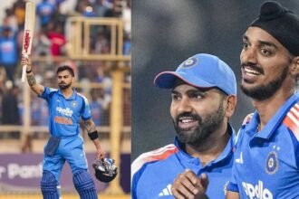 विराट कोहली रांची में साउथ अफ्रीका के खिलाफ 52वां अंतरराष्ट्रीय शतक जड़ते हुए मैदान पर बल्लेबाजी करते हुए। रोहित शर्मा उनके साथ खुश नजर आ रहे हैं।