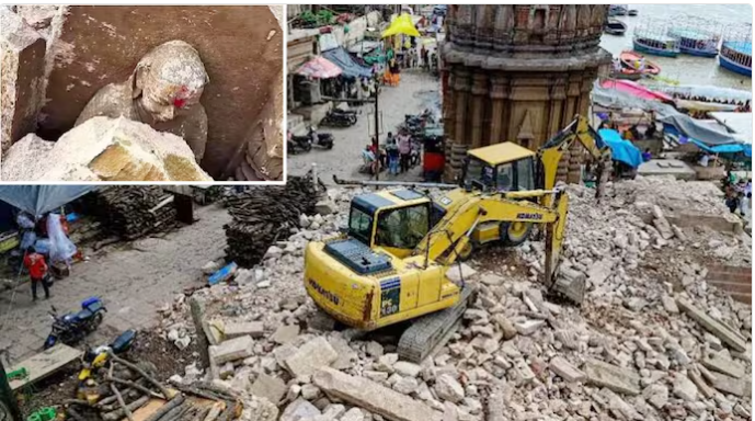वाराणसी के मणिकर्णिका घाट पर बुलडोज़र से हटाए जा रहे मढ़ी और आसपास की मूर्तियाँ