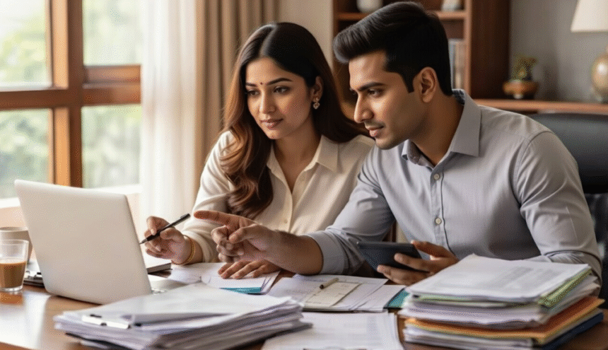 एक शादीशुदा जोड़ा टैक्स फाइलिंग करते हुए, बजट 2026 में संयुक्त कर प्रणाली की संभावना के साथ।