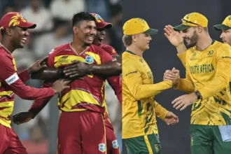 वेस्टइंडीज और दक्षिण अफ्रीका के बीच टी20 मैच का एक्शन दृश्य, खिलाड़ी मैदान पर खेलते हुए