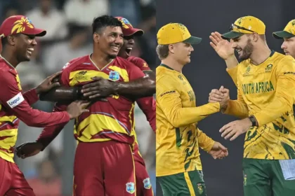 वेस्टइंडीज और दक्षिण अफ्रीका के बीच टी20 मैच का एक्शन दृश्य, खिलाड़ी मैदान पर खेलते हुए