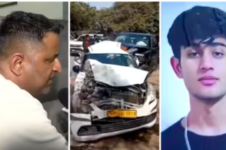 दिल्ली में हुए SUV हादसे के बाद क्षतिग्रस्त गाड़ी और मौके पर मौजूद पुलिसकर्मी