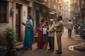 दिल्ली में राशन कार्ड के लिए ऑनलाइन आवेदन और घर पर जांच की प्रक्रिया दिखाते हुए अधिकारी