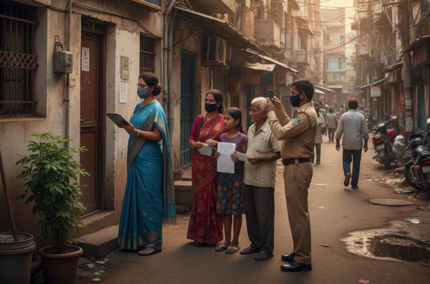 दिल्ली में राशन कार्ड के लिए ऑनलाइन आवेदन और घर पर जांच की प्रक्रिया दिखाते हुए अधिकारी