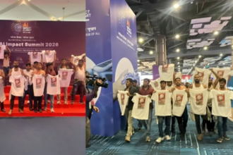 यूथ कांग्रेस के कार्यकर्ता AI समिट में शर्टलेस प्रदर्शन करते हुए