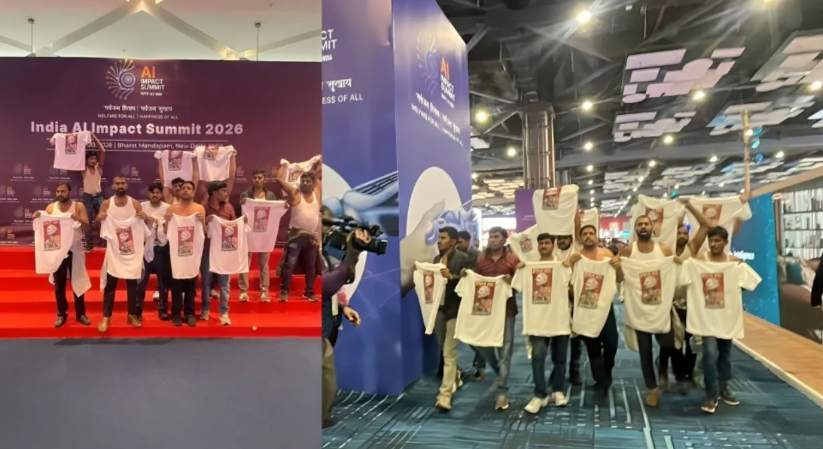 यूथ कांग्रेस के कार्यकर्ता AI समिट में शर्टलेस प्रदर्शन करते हुए