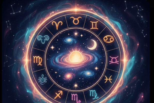 राशिफल के प्रतीक चक्र में 12 राशियों के चिन्ह और ग्रहों की स्थिति दर्शाती ज्योतिषीय छवि