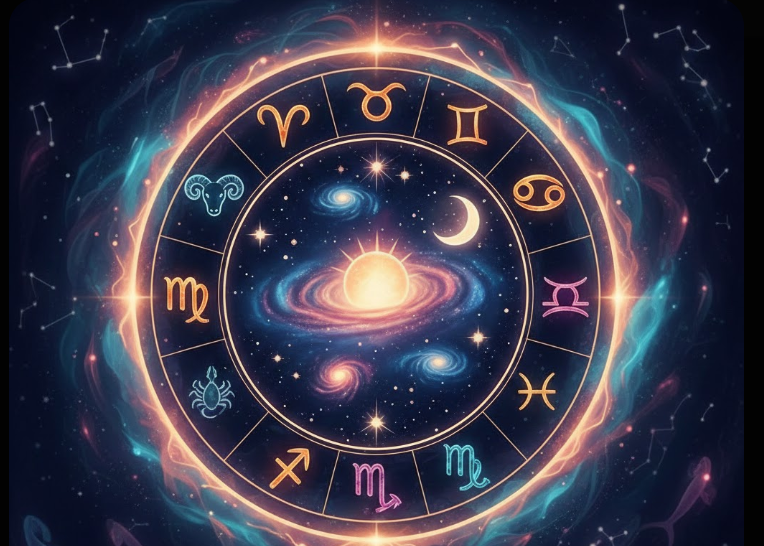 राशिफल के प्रतीक चक्र में 12 राशियों के चिन्ह और ग्रहों की स्थिति दर्शाती ज्योतिषीय छवि