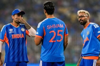 भारत बनाम जिम्बाब्वे टी20 मैच में शिवम दुबे गेंदबाजी करते हुए, खराब प्रदर्शन के दौरान निराश दिखाई देते हुए