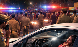 रात के समय सड़क पर खड़ी कार और पुलिस की मौजूदगी का प्रतीकात्मक दृश्य