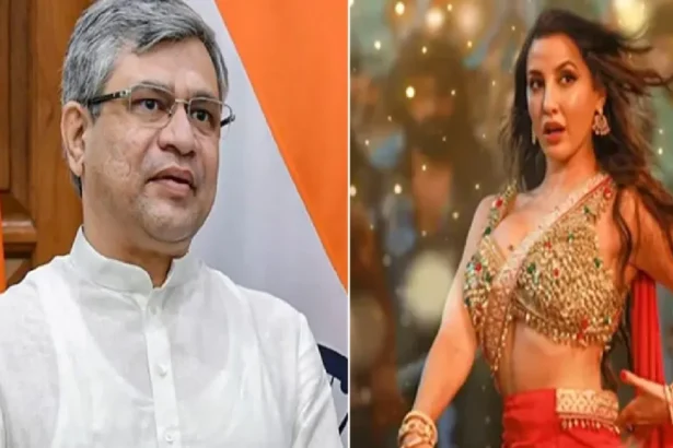 मंच से संबोधित करते केंद्रीय मंत्री अश्विनी वैष्णव, पृष्ठभूमि में फिल्म संगीत से जुड़ी छवि