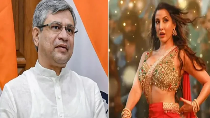 मंच से संबोधित करते केंद्रीय मंत्री अश्विनी वैष्णव, पृष्ठभूमि में फिल्म संगीत से जुड़ी छवि