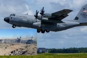 आसमान में उड़ते हुए C-130 हरक्यूलिस विमान की तस्वीर