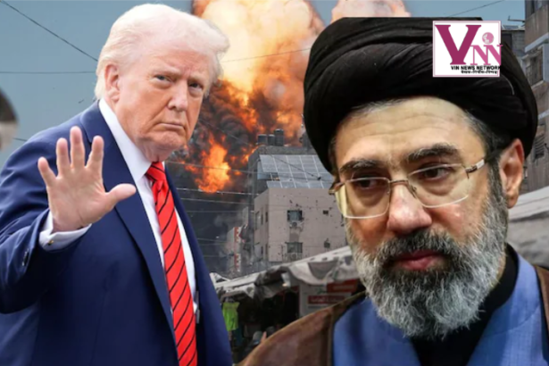 डोनाल्ड ट्रंप और मुज्तबा खामेनेई की फोटो के साथ शांति वार्ता का संकेत.