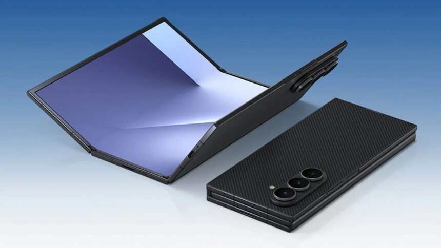 सैमसंग Galaxy Z TriFold Wide फोल्डेबल फोन का कॉन्सेप्ट डिजाइन, जिसमें तीन हिस्सों में मुड़ने वाली चौड़ी स्क्रीन दिखाई गई है।