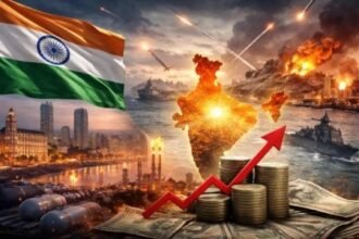 मध्य पूर्व युद्ध के कारण प्रभावित भारत के एविएशन, पर्यटन और होटल-रेस्टोरेंट सेक्टर को दर्शाता एक ग्राफिक, जिसमें विमान, होटल और गिरते आर्थिक ग्राफ दिखाए गए हैं।