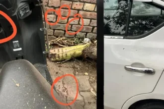 सेक्टर-37 चंडीगढ़ स्थित पंजाब बीजेपी दफ्तर के बाहर पुलिस की घेराबंदी, पास ही खड़ी एक क्षतिग्रस्त सफेद एक्टिवा स्कूटी जिसकी हेडलाइट टूटी हुई है