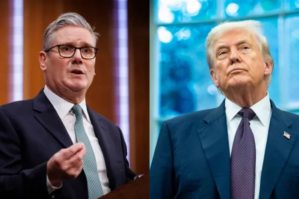 ब्रिटिश प्रधानमंत्री कीर स्टार्मर 10 डाउनिंग स्ट्रीट के बाहर प्रेस को संबोधित करते हुए, चेहरे पर दृढ़ता और आत्मविश्वास