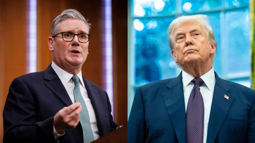 ब्रिटिश प्रधानमंत्री कीर स्टार्मर 10 डाउनिंग स्ट्रीट के बाहर प्रेस को संबोधित करते हुए, चेहरे पर दृढ़ता और आत्मविश्वास