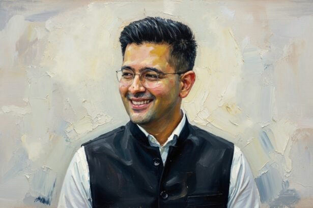 राज्यसभा सांसद राघव चड्ढा की एक आधिकारिक तस्वीर जिसमें वे संसद भवन के समक्ष खड़े हैं