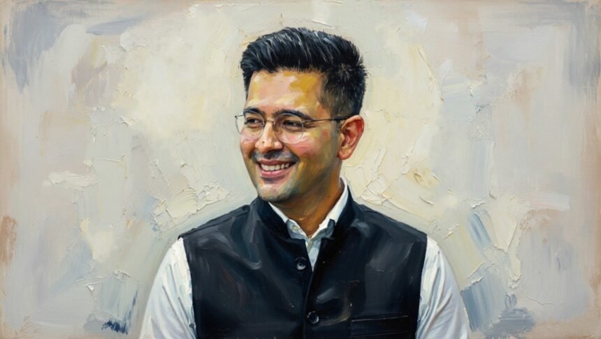 राज्यसभा सांसद राघव चड्ढा की एक आधिकारिक तस्वीर जिसमें वे संसद भवन के समक्ष खड़े हैं