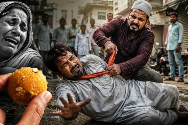 कन्नौज में लड्डू देने से मना करने पर टेलर निजामुद्दीन की हत्या के बाद घटनास्थल पर जुटी भीड़ और पुलिस जांच करती हुई।