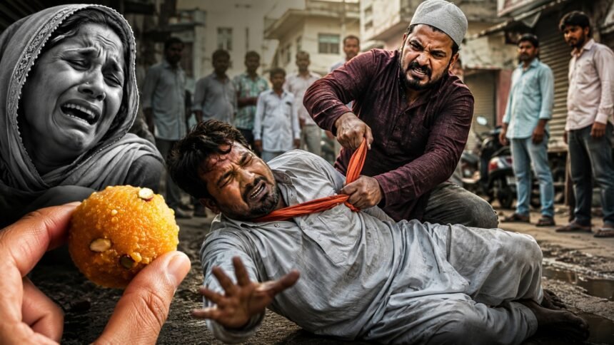 कन्नौज में लड्डू देने से मना करने पर टेलर निजामुद्दीन की हत्या के बाद घटनास्थल पर जुटी भीड़ और पुलिस जांच करती हुई।