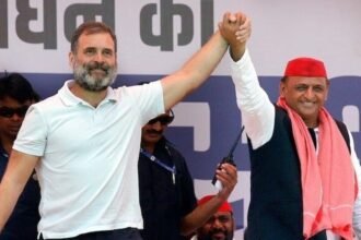 अखिलेश यादव और राहुल गांधी की तस्वीर के साथ उत्तर प्रदेश विधानसभा चुनाव 2027 के लिए संभावित सपा-कांग्रेस गठबंधन को दर्शाता ग्राफिक
