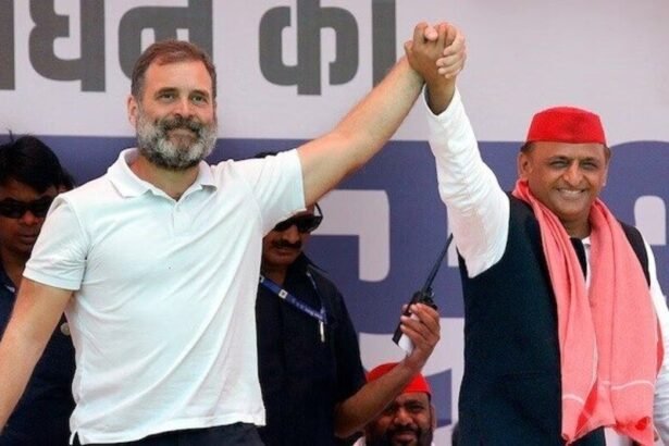 अखिलेश यादव और राहुल गांधी की तस्वीर के साथ उत्तर प्रदेश विधानसभा चुनाव 2027 के लिए संभावित सपा-कांग्रेस गठबंधन को दर्शाता ग्राफिक