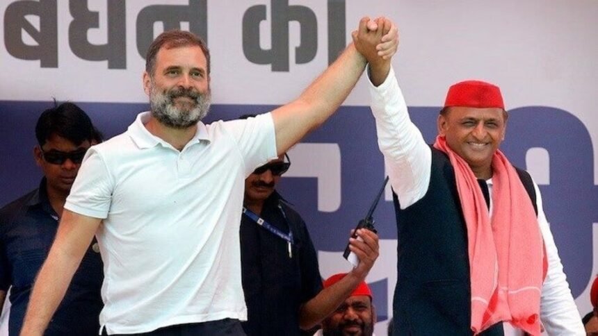 अखिलेश यादव और राहुल गांधी की तस्वीर के साथ उत्तर प्रदेश विधानसभा चुनाव 2027 के लिए संभावित सपा-कांग्रेस गठबंधन को दर्शाता ग्राफिक