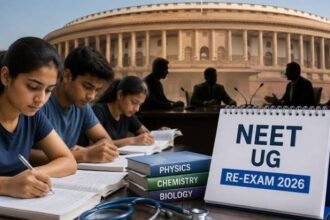 NEET परीक्षा से जुड़ा प्रतीकात्मक चित्र, मोबाइल फोन पर फर्जी पेपर बेचने के संदेश और पुलिस कार्रवाई का संकेत