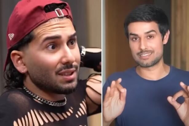 सोशल मीडिया पर्सनैलिटी ओरी (ओरहान अवत्रामणि) पॉडकास्ट में बातचीत करते हुए नजर आ रहे हैं, जबकि दूसरी ओर यूट्यूबर ध्रुव राठी की तस्वीर दिखाई दे रही है। दोनों के बीच बयानबाजी को लेकर सोशल मीडिया पर विवाद छिड़ा हुआ है।